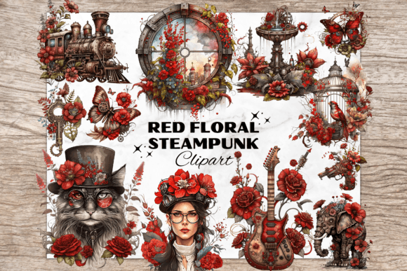 Download Red Floral Vintage Elements - Steampunk - Red Collection