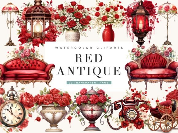 Download Watercolor Red Antique Clipart Bundle - Red Collection