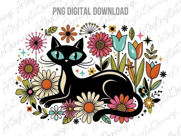 Download Retro 70s Black Cat Floral PNG - 70s Collection